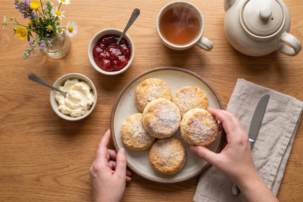 Warm English scones on a plate with a small bowl of jam, clotted cream, and a cup of tea on a neatly set table