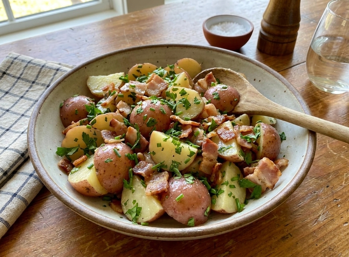 Warm German potato salad in a serving bowl with a spoon, showing bacon pieces and chopped herbs, set on a dining table