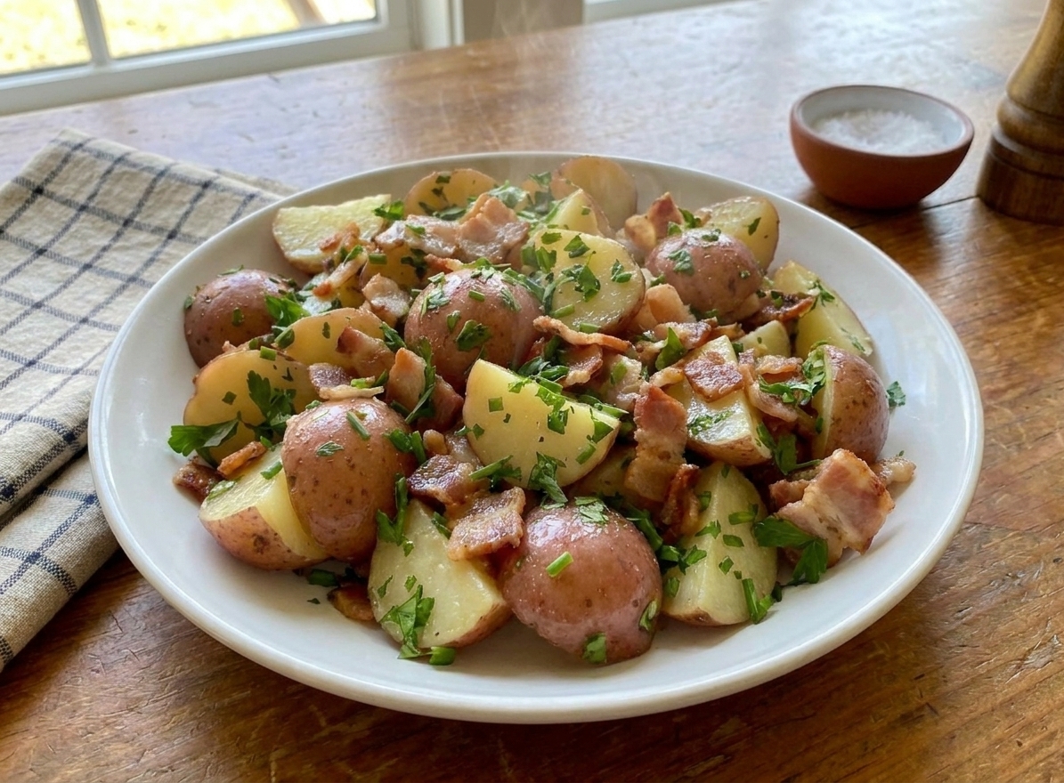 Warm German potato salad on a white plate, with tender potato slices, crispy bacon pieces, and chopped parsley, set on a wooden kitchen table with soft natural light
