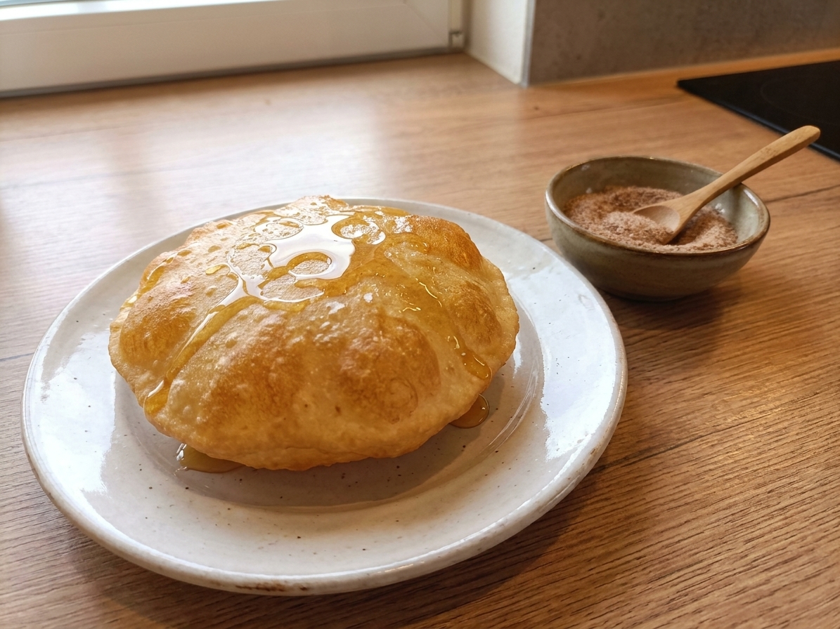 Warm Indian fry bread on a plate with a drizzle of honey and a small bowl of cinnamon sugar on a wooden table