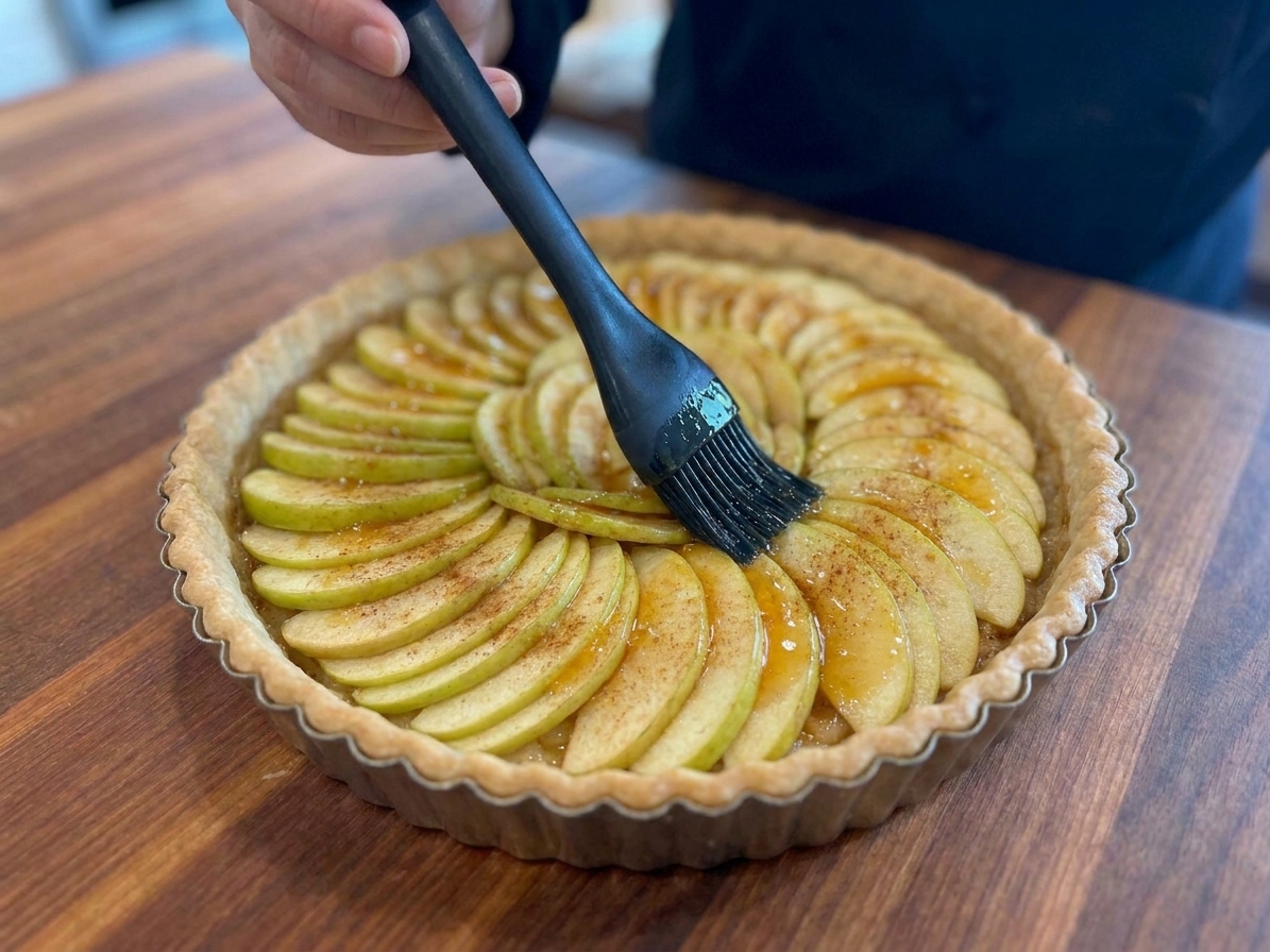 Warm apricot glaze being brushed over baked apple slices on a tart