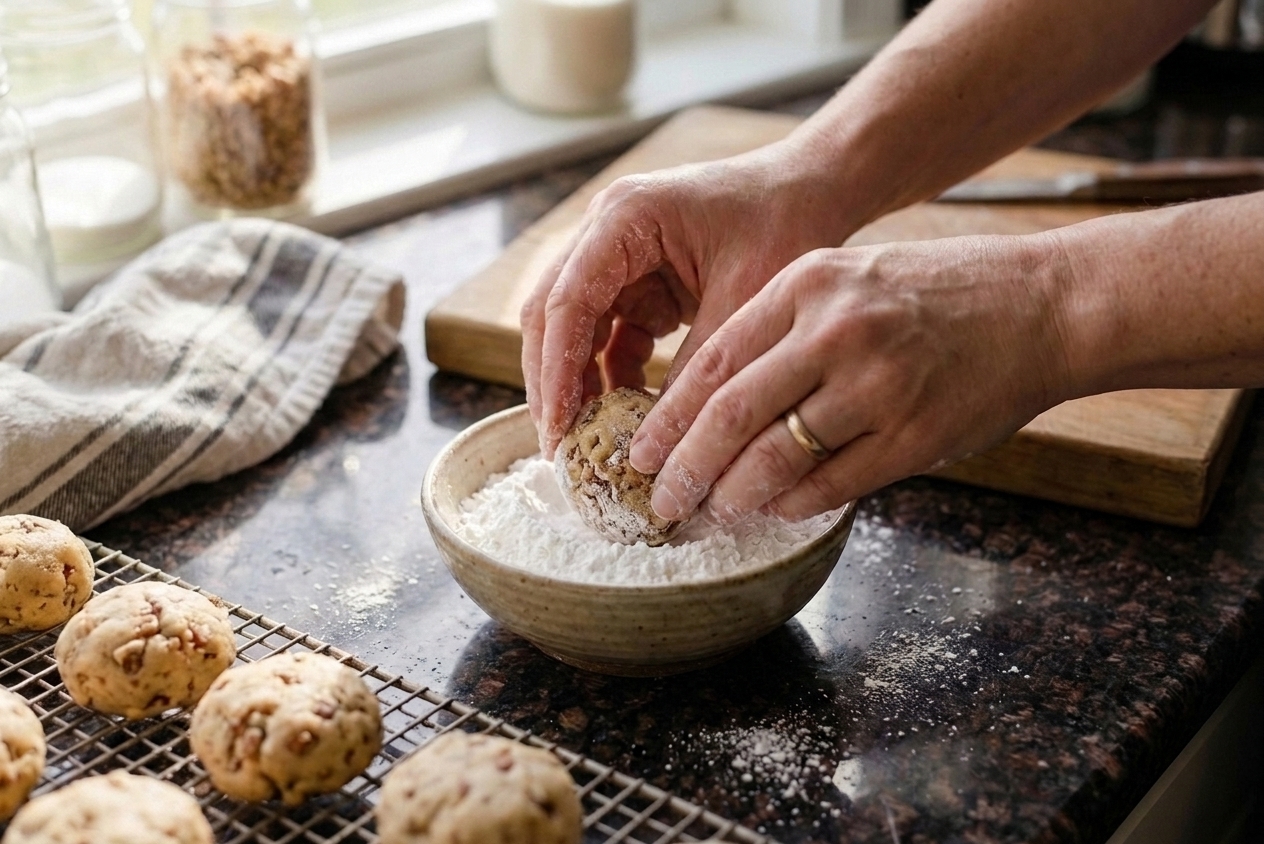 Warm baked cookies being rolled in a shallow bowl of powdered sugar next to a cooling rack