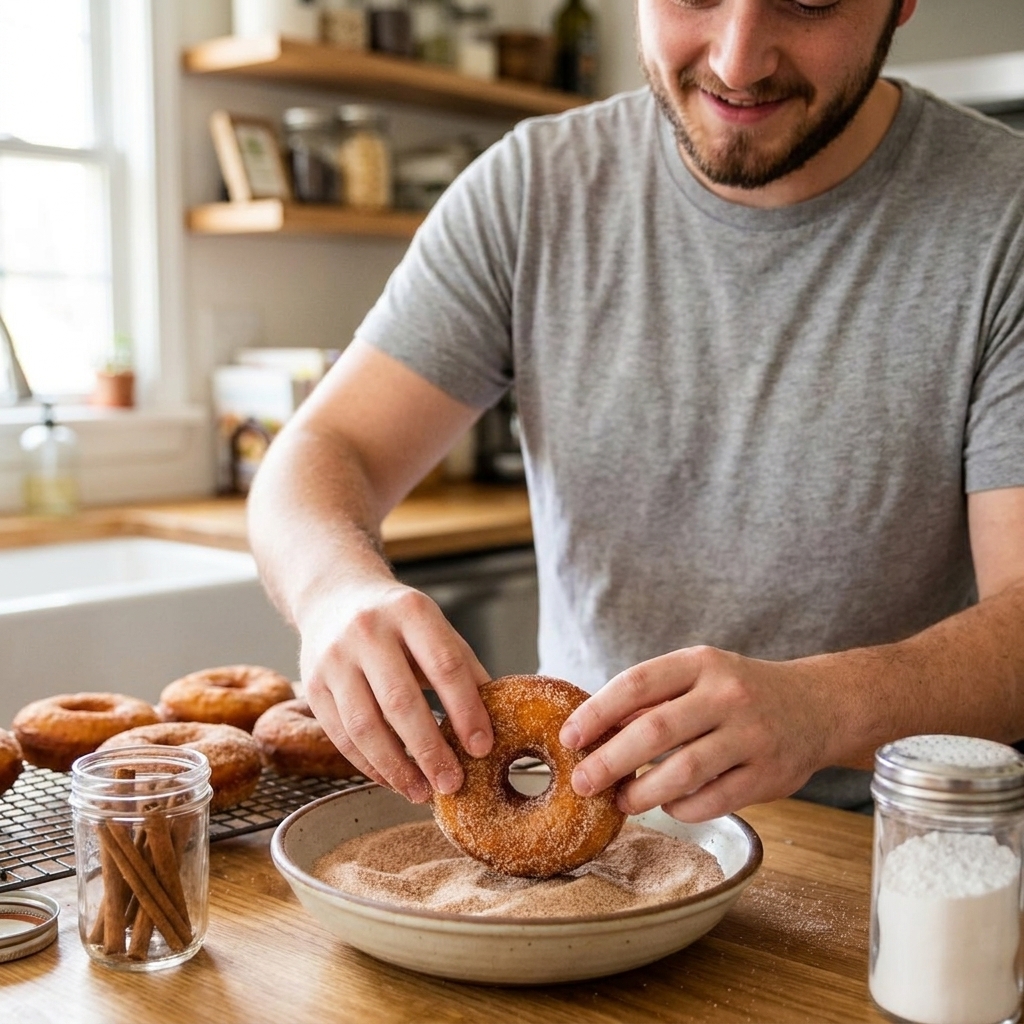 Warm baked doughnut being rolled in a shallow bowl of cinnamon sugar on a kitchen counter