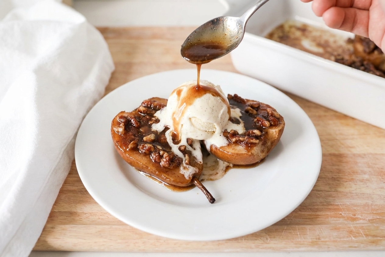 Warm baked pear halves on a plate with melting vanilla ice cream and a drizzle of brown sugar syrup