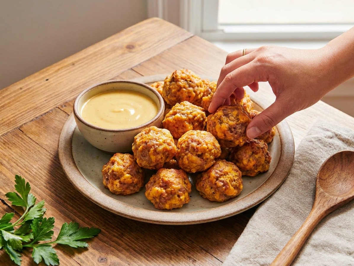 Warm baked sausage balls piled on a ceramic plate with a small bowl of honey mustard on a wooden table