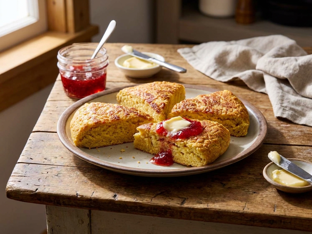 Warm bannock cut into wedges on a plate with softened butter and a small jar of jam on a wooden table, cozy natural light