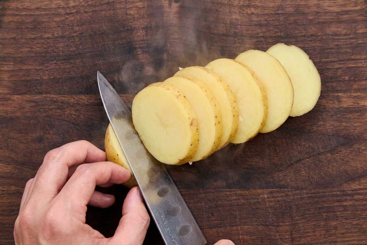 Warm boiled Yukon Gold potatoes sliced into thick rounds on a wooden cutting board next to a knife