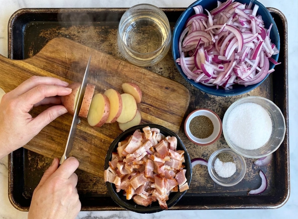 Warm boiled potatoes being sliced into rounds on a wooden cutting board, with a chef's knife and a bowl nearby