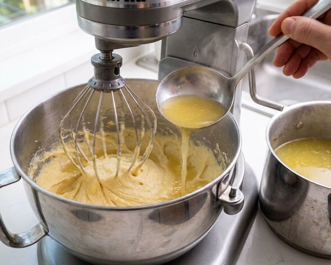Warm broth being poured into a mixing bowl of masa while the mixer runs, creating a smooth, spreadable mixture
