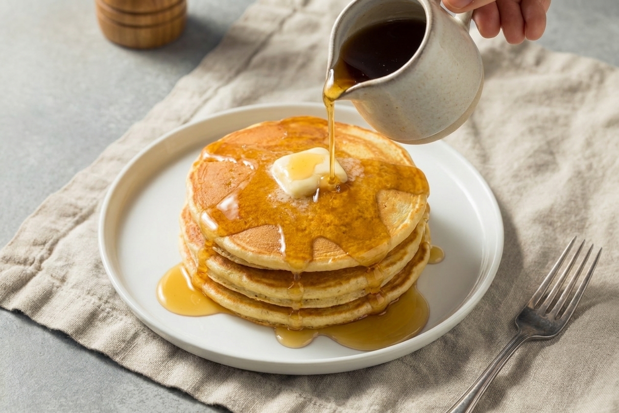 Warm buttermilk syrup being poured from a small pitcher over a stack of fluffy pancakes on a plate, with butter melting on top