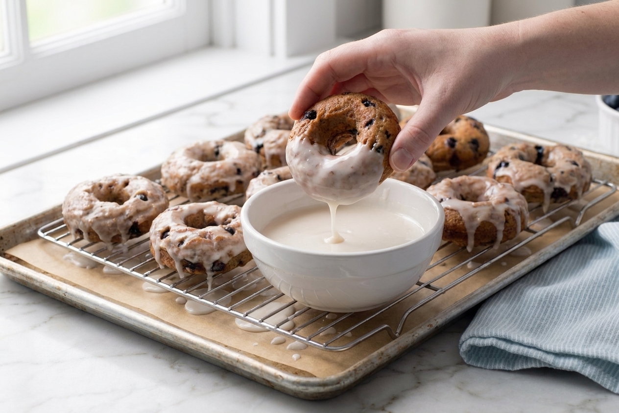 Warm cake donuts being dipped into vanilla glaze and placed on a wire rack over a sheet pan