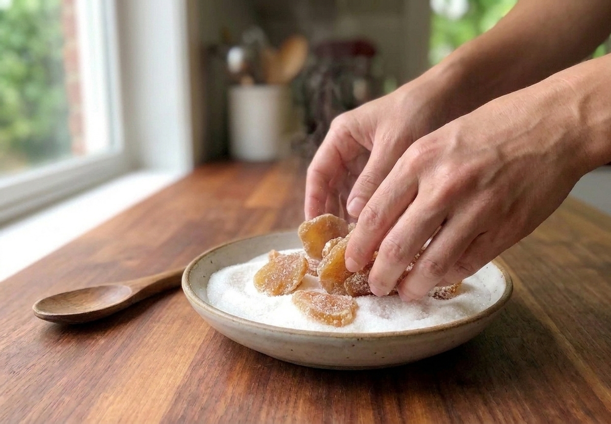 Warm candied ginger slices being tossed in a bowl of granulated sugar on a kitchen counter, hands visible mixing gently
