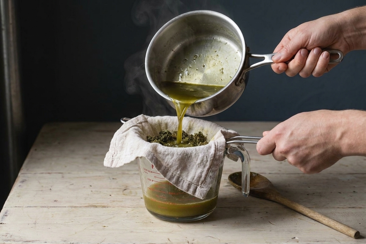 Warm cannabutter being poured through a cheesecloth-lined strainer into a glass measuring cup on a clean kitchen counter