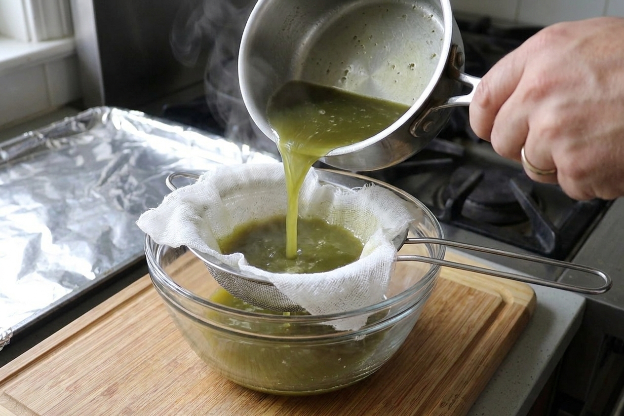 Warm cannabutter being poured through a cheesecloth-lined strainer into a glass bowl on a kitchen counter