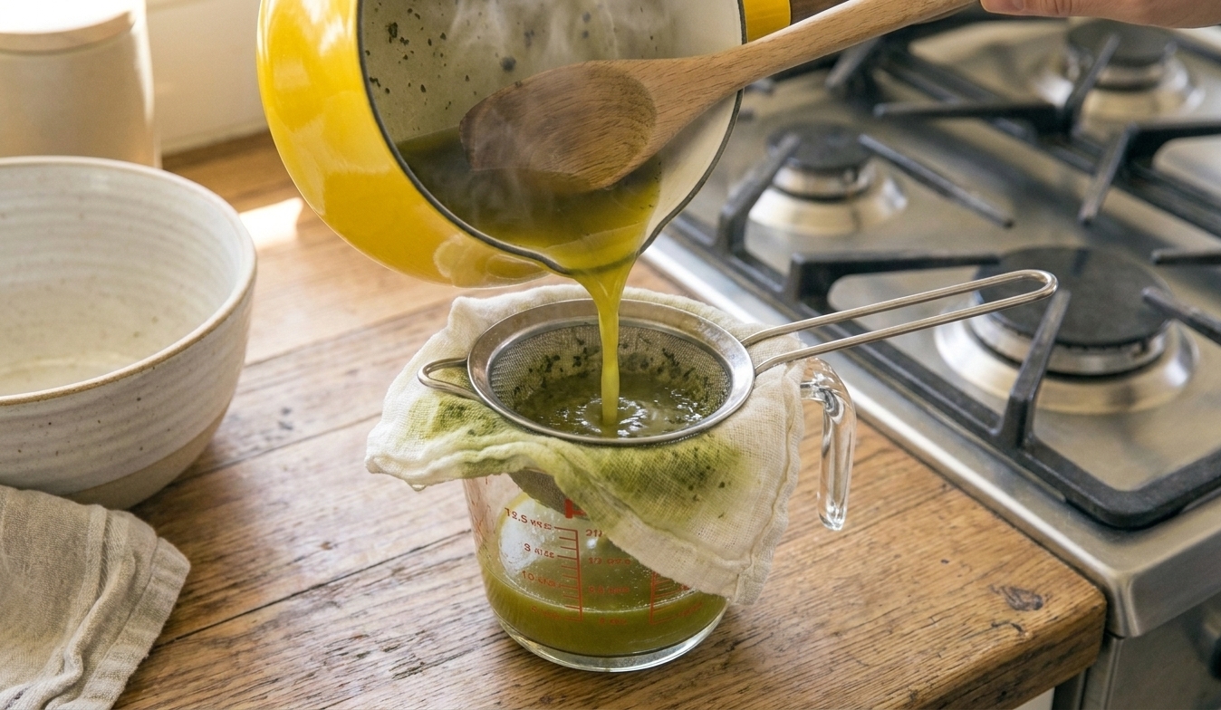 Warm cannabutter being poured through a cheesecloth-lined strainer into a glass measuring cup on a kitchen counter