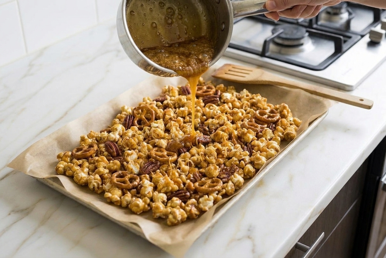Warm caramel being drizzled over popcorn on a parchment-lined baking sheet