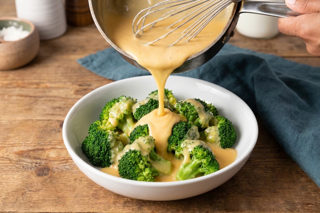Warm cheddar cheese sauce being poured over steamed broccoli in a white bowl on a wooden table