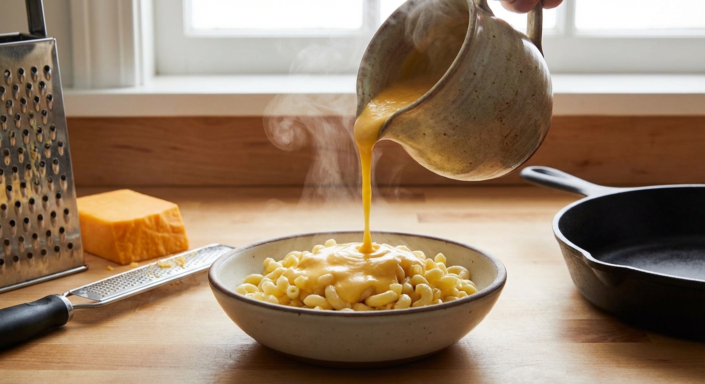 Warm cheese sauce being poured over a bowl of cooked macaroni on a kitchen counter