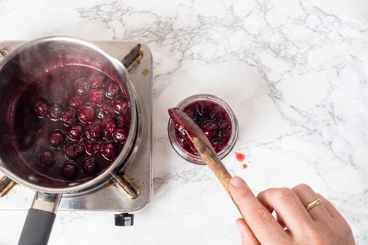 Warm cherry jam being spooned into a small glass jar on a kitchen counter