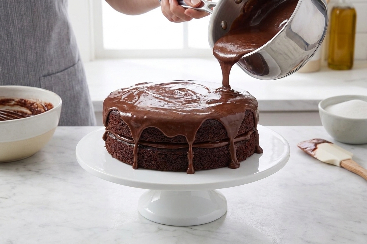 Warm chocolate frosting being poured over the top of a chocolate layer cake on a cake stand