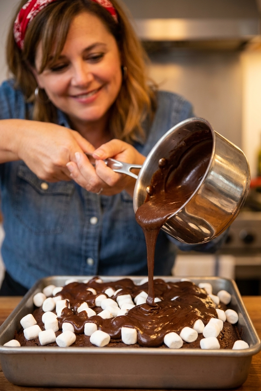 Warm chocolate fudge frosting being poured from a saucepan onto a marshmallow-topped chocolate sheet cake in a baking pan, close up action shot