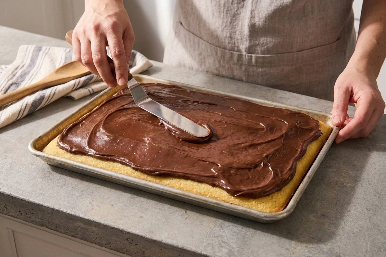 Warm chocolate fudge frosting being spread evenly over a vanilla sheet cake in a 9x13-inch pan using an offset spatula