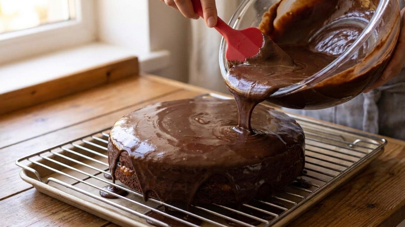 Warm chocolate glaze being poured over a jam-coated chocolate cake on a wire rack set over a rimmed baking sheet in a softly lit kitchen