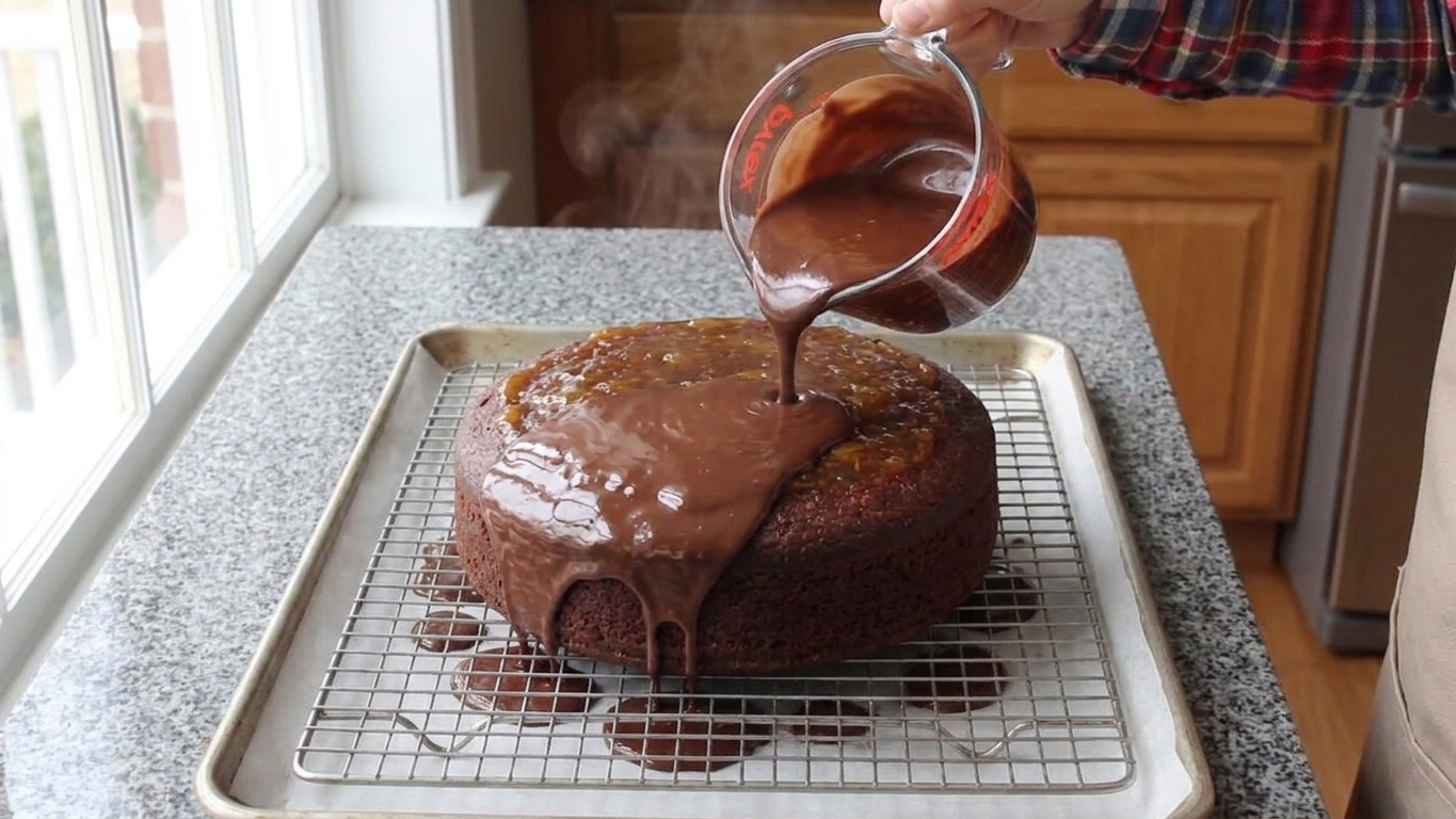 Warm chocolate glaze being poured over a jam-coated chocolate cake on a wire rack, with glaze dripping onto a sheet pan below