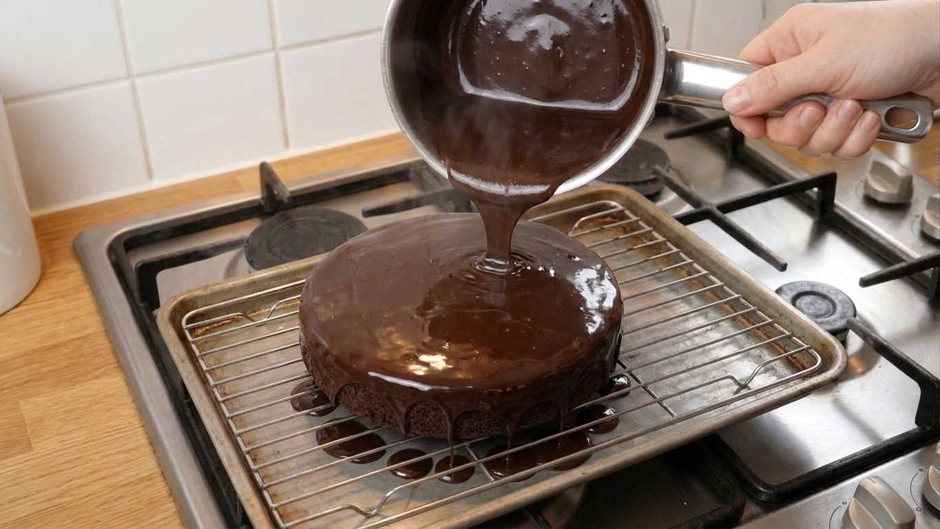 Warm chocolate glaze being poured over the center of a round cake on a wire rack set over a baking sheet