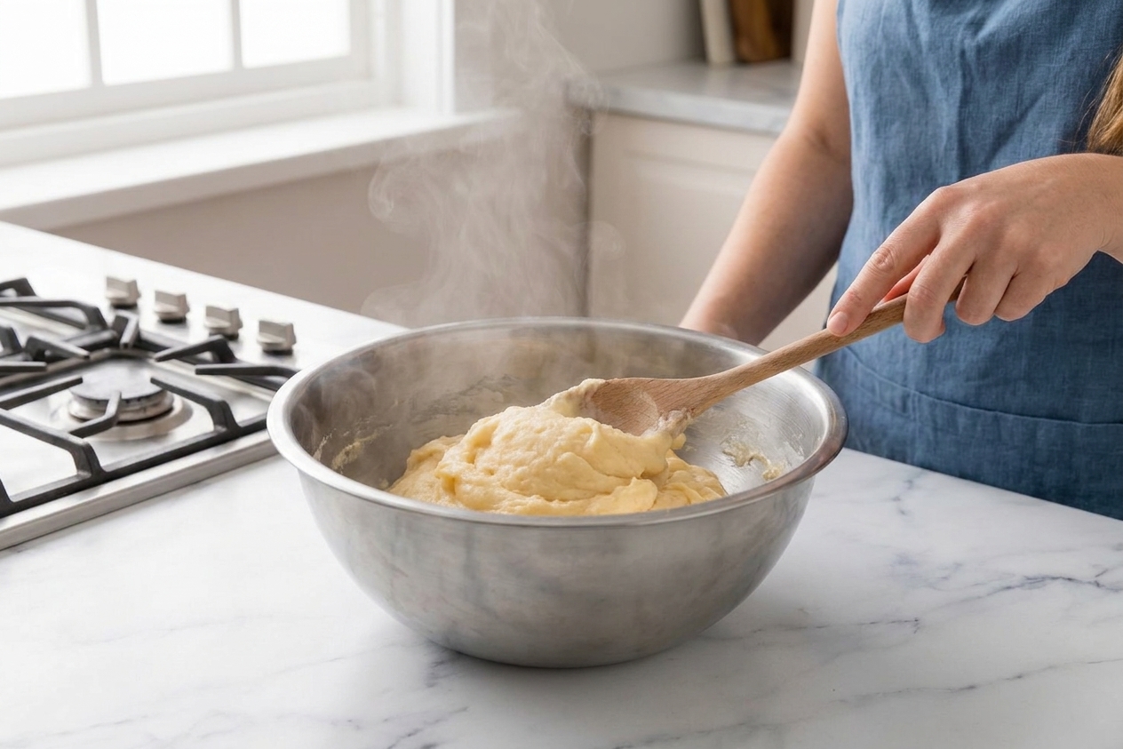 Warm choux dough transferred into a metal mixing bowl, slightly steamy, on a kitchen counter