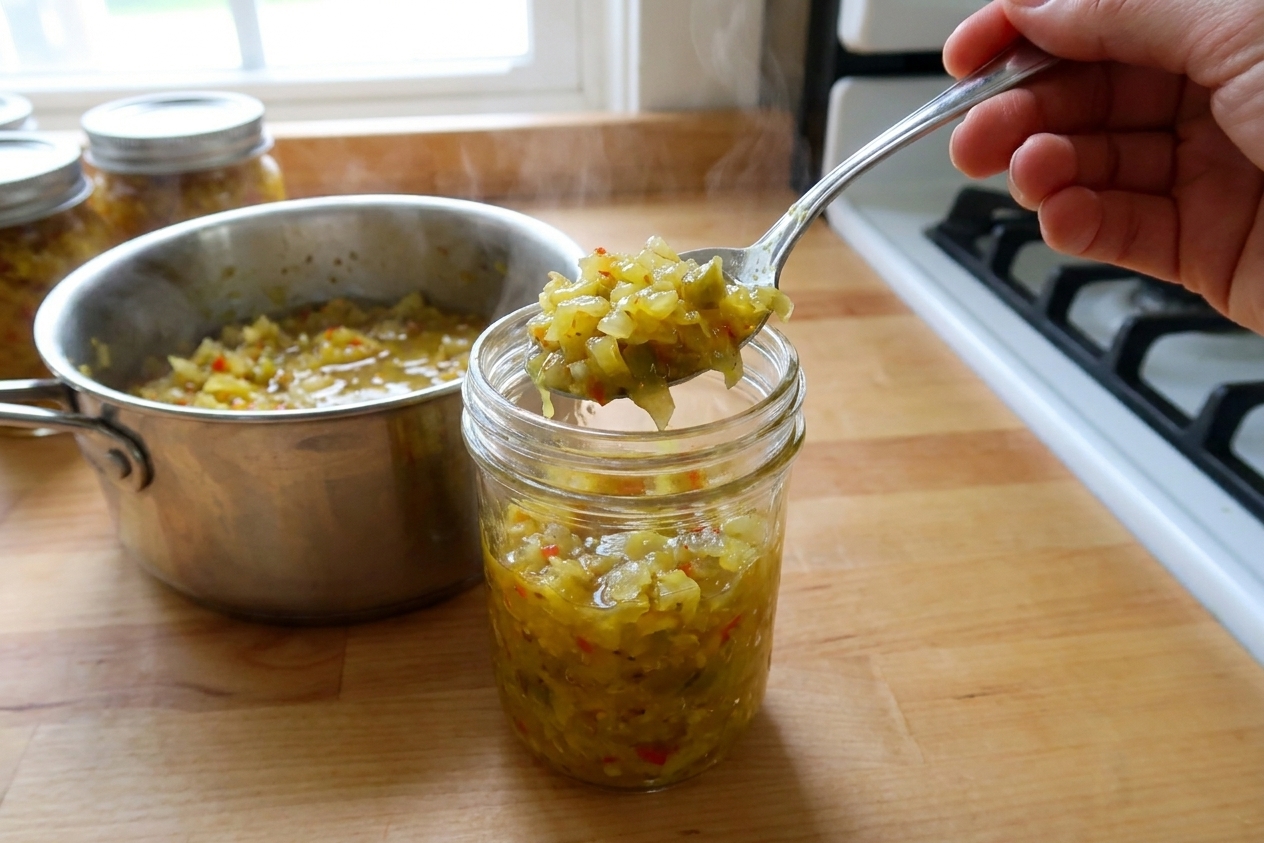 Warm chow-chow relish being spooned into a clean glass jar on a kitchen counter
