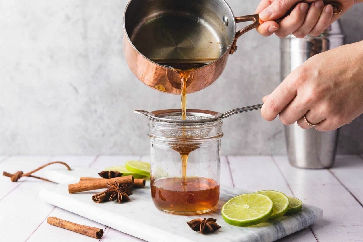 Warm cinnamon syrup being poured through a fine mesh strainer into a small glass jar on a kitchen counter