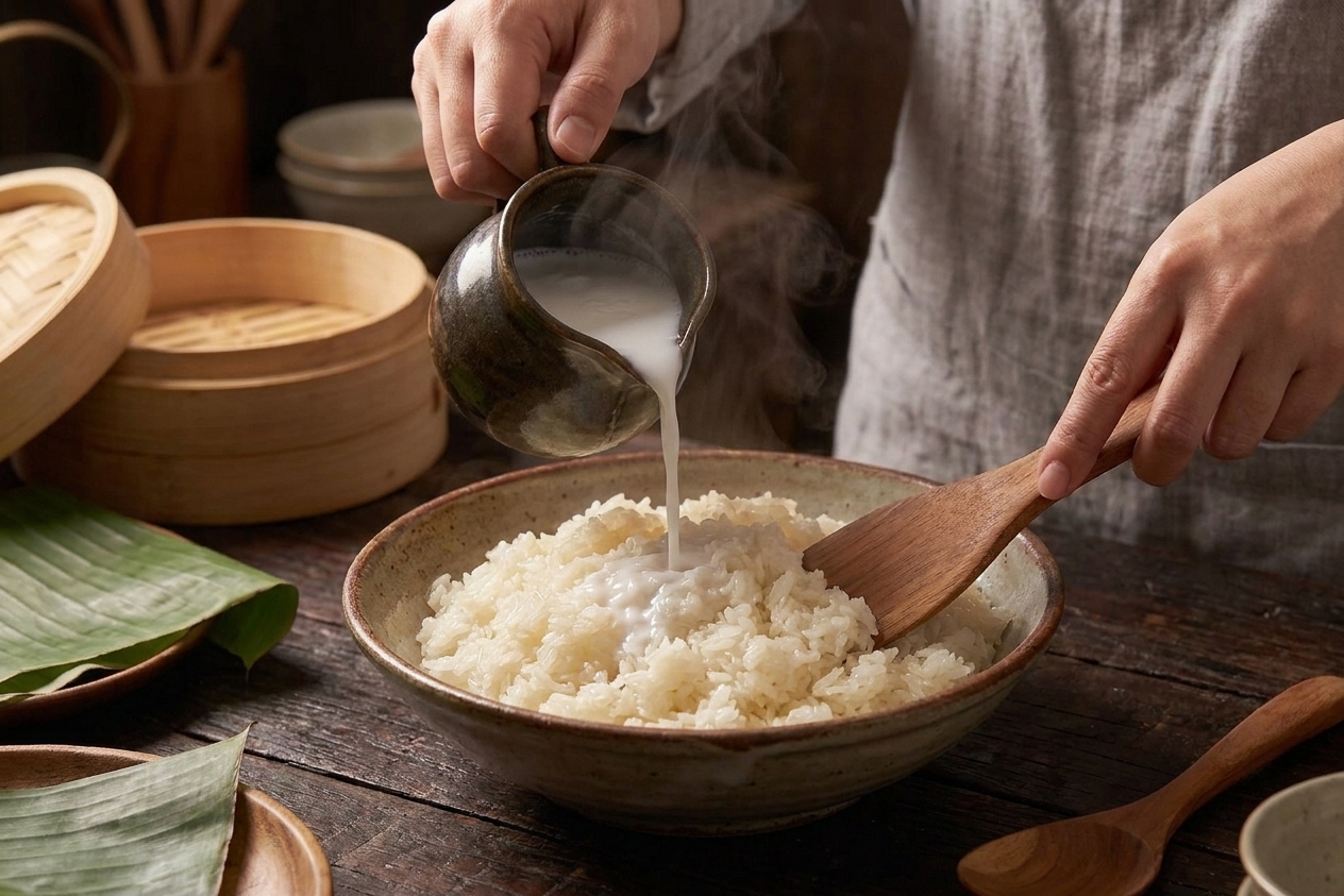 Warm coconut milk poured into a bowl of freshly steamed sticky rice with a spatula ready to fold