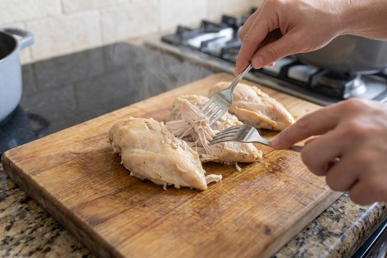 Warm cooked chicken being shredded with two forks on a wooden cutting board