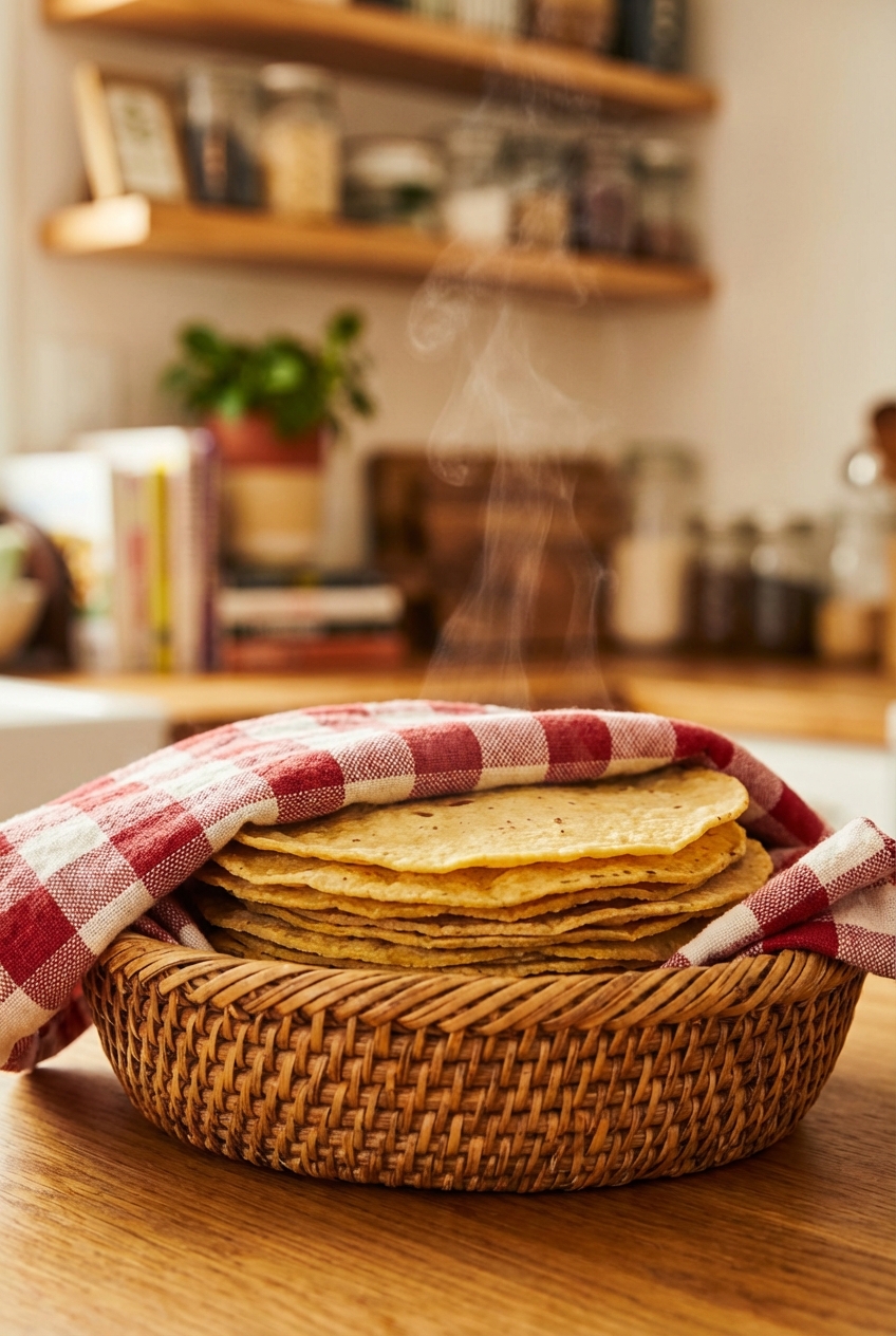 Warm corn tortillas stacked in a basket with a kitchen towel