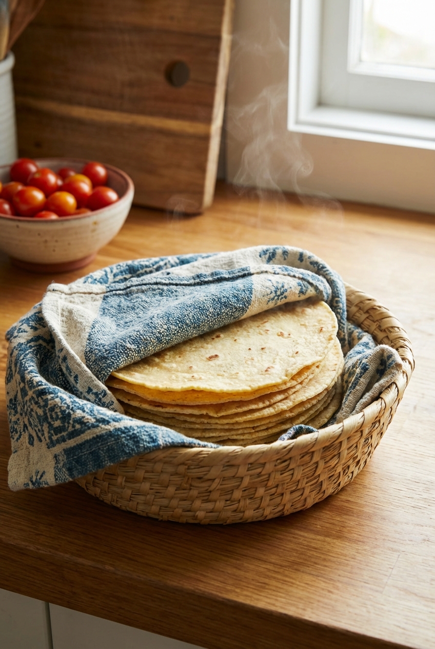 Warm corn tortillas stacked in a cloth-lined basket