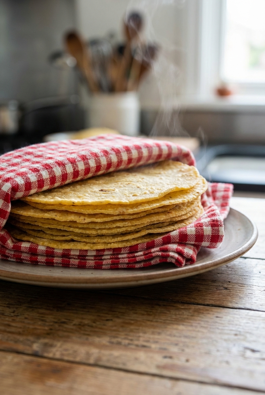 Warm corn tortillas stacked in a cloth napkin on a plate