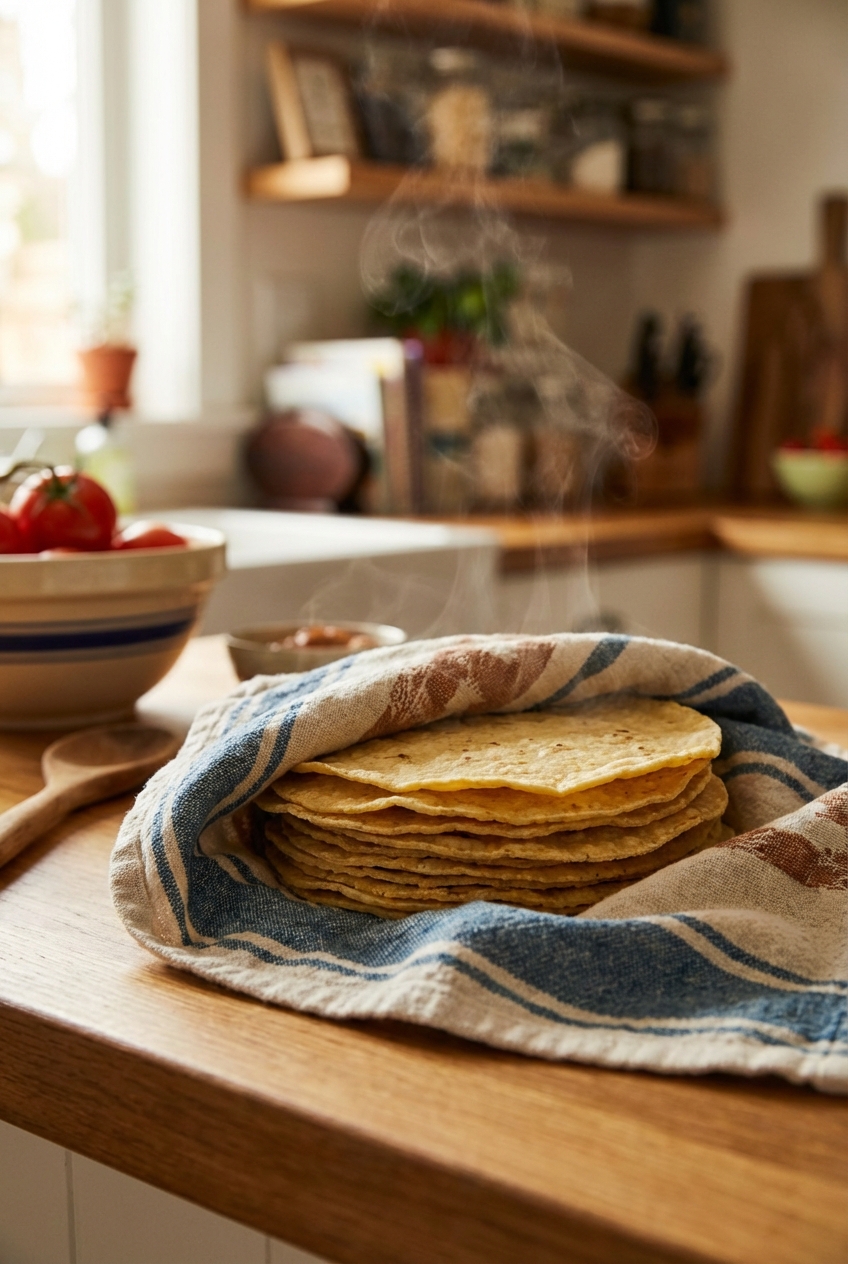 Warm corn tortillas stacked in a cloth towel