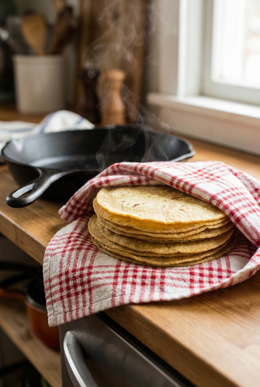 Warm corn tortillas stacked in a kitchen towel