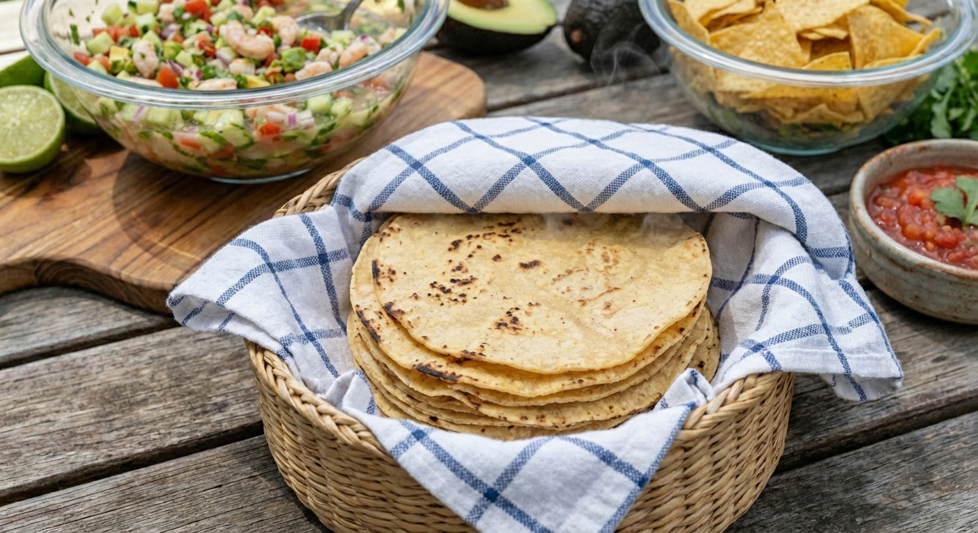 Warm corn tortillas stacked in a towel-lined basket