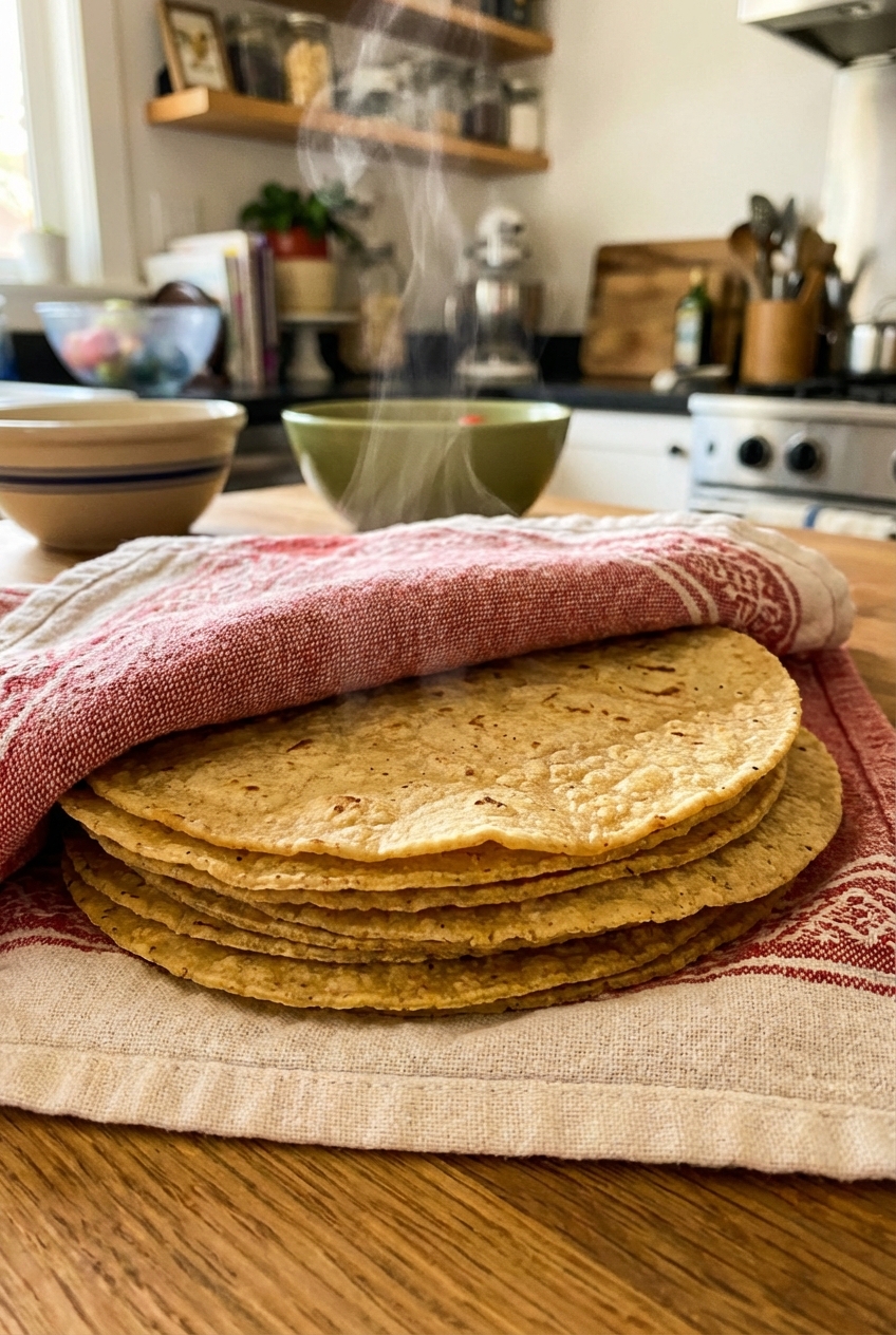 Warm corn tortillas stacked in a towel