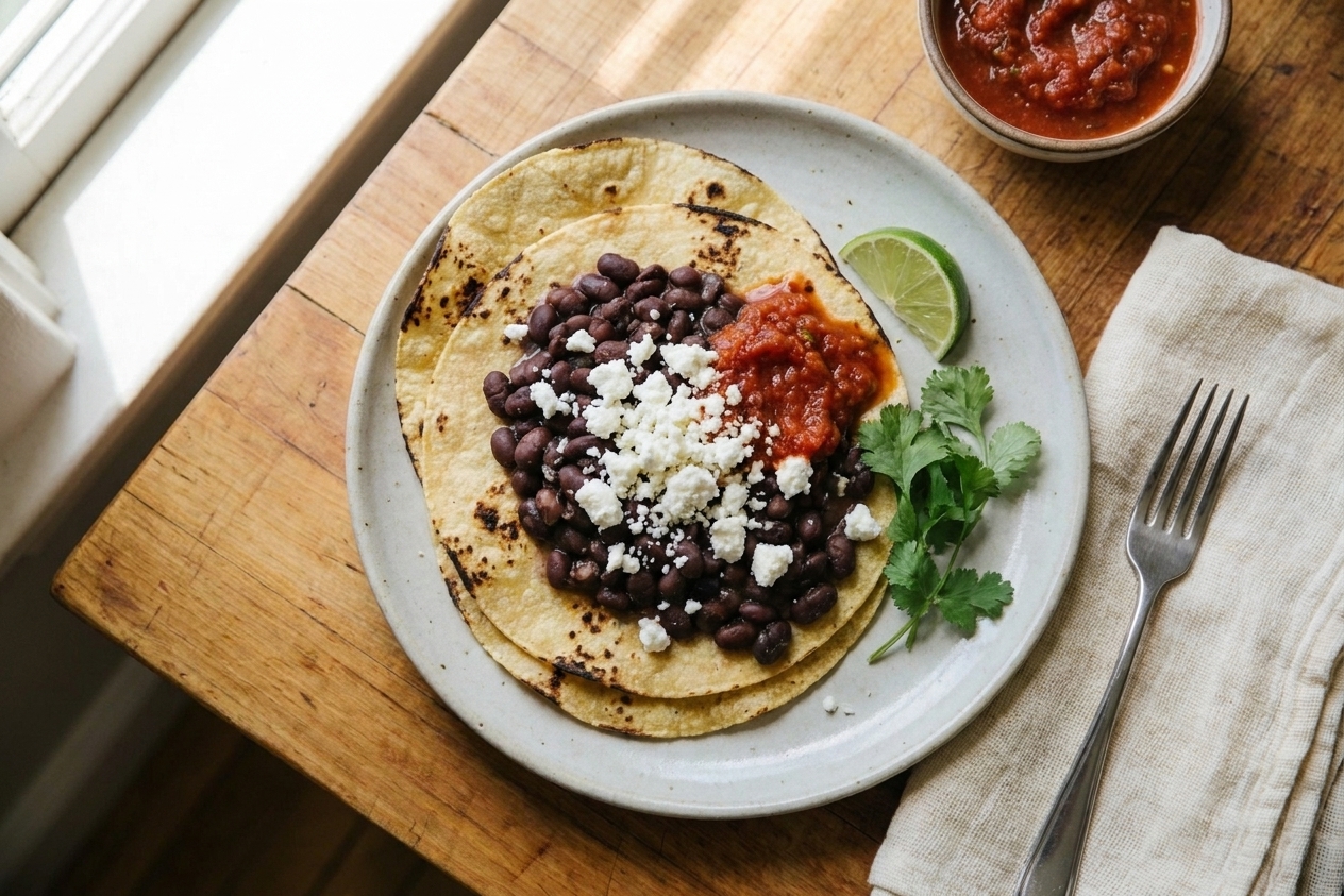 Warm corn tortillas topped with beans, salsa, and a generous crumble of queso fresco on a wooden table with a simple plate setting