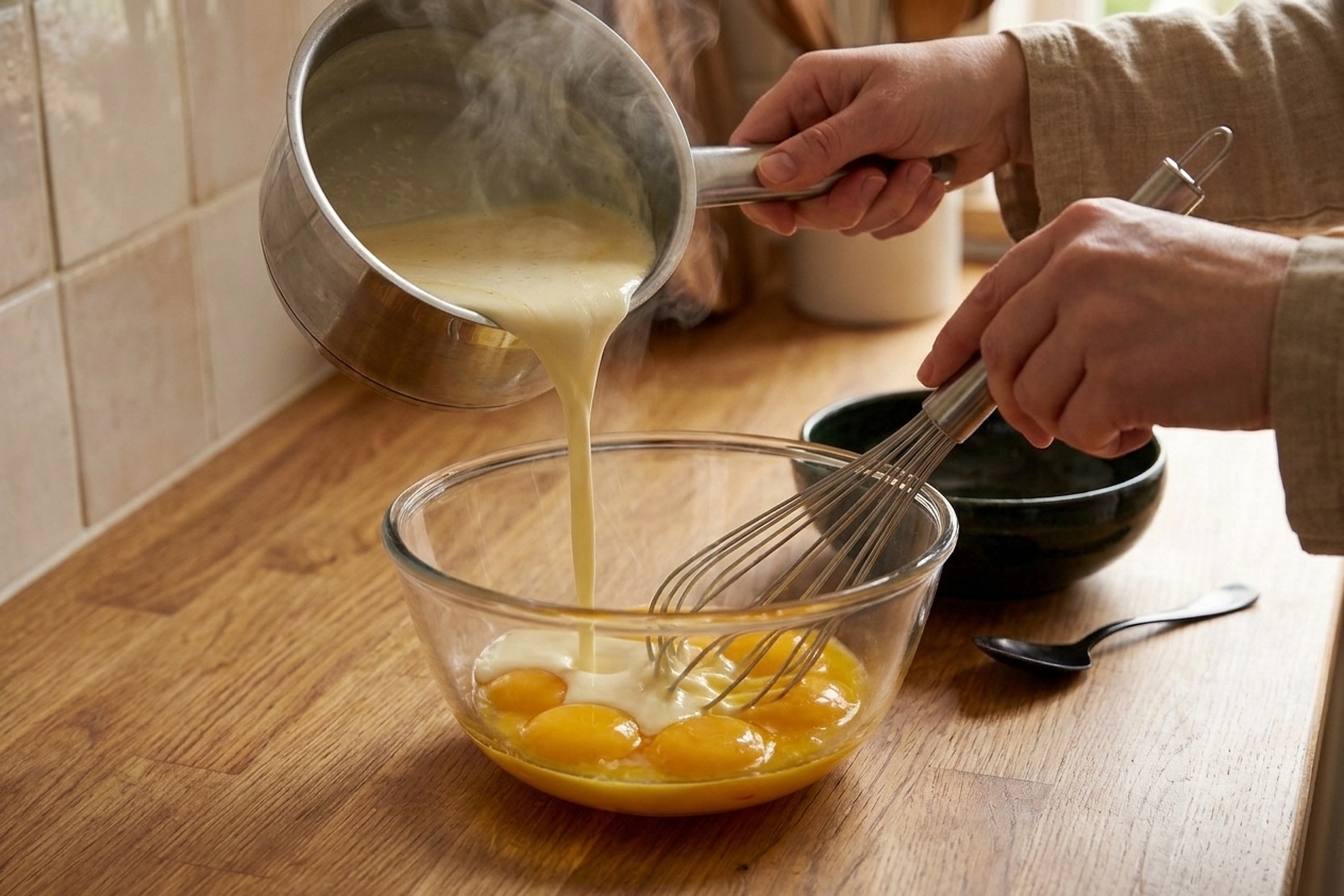 Warm cream being poured into egg yolks while whisking in a glass bowl on a kitchen counter