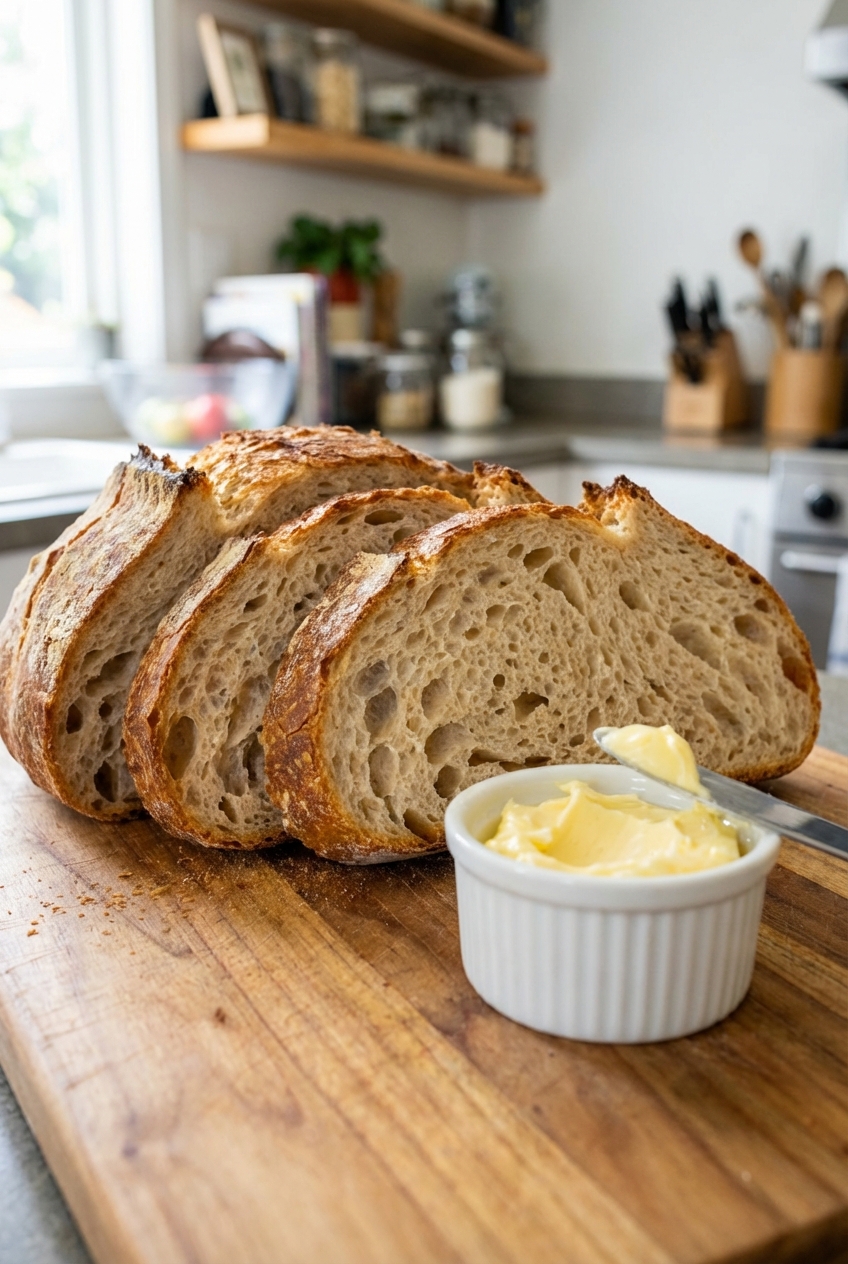 Warm, crusty bread slices on a cutting board with a small dish of butter