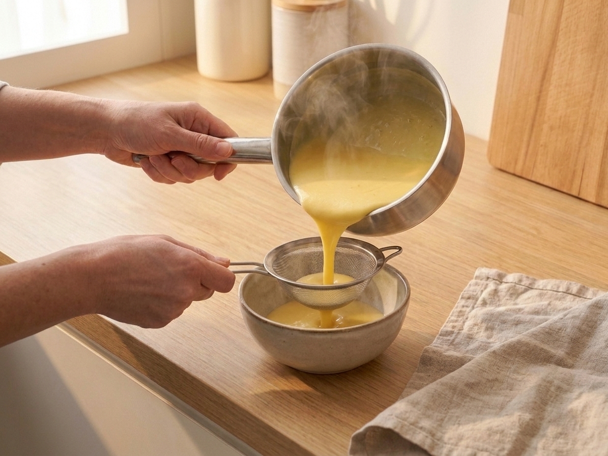 Warm custard being poured through a fine mesh strainer into a bowl on a kitchen counter
