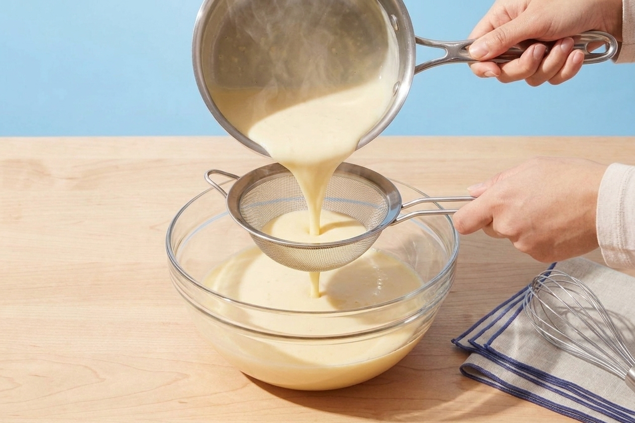 Warm custard being poured through a fine-mesh strainer into a bowl on a kitchen counter