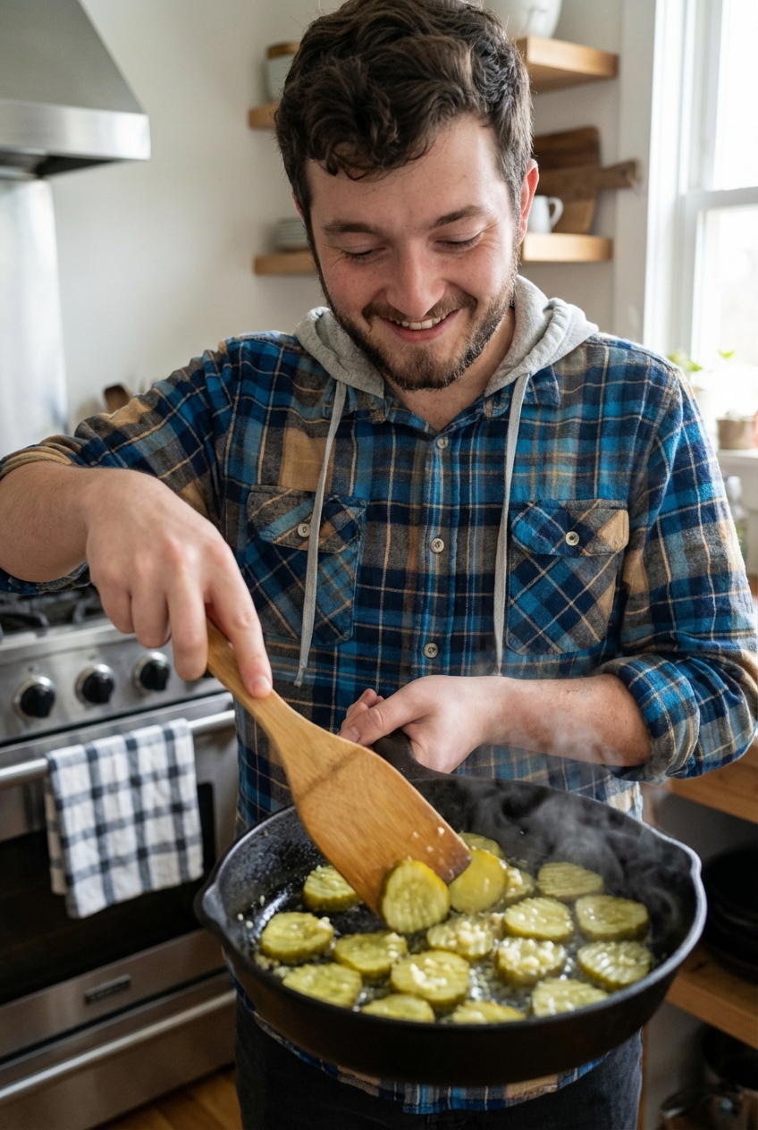 Warm dill pickles being tossed in a skillet with butter and garlic