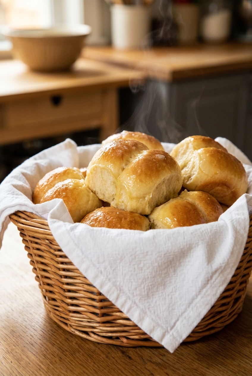 Warm dinner rolls in a towel-lined basket