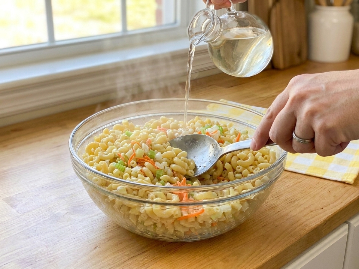 Warm elbow macaroni being tossed in a mixing bowl with a light vinegar mixture, a spoon mid-stir