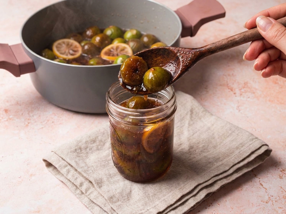 Warm fig preserves being spooned into a clean glass jar on a kitchen counter with a folded towel underneath